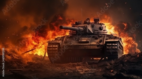 Fotografiet tank on war zone fire and smoke in the desert background Generative AI