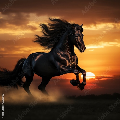 Black stallion horse in sunset running free. Generative AI ©  Creative_studio