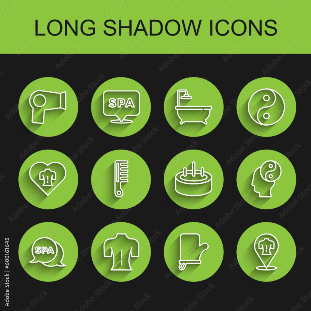 Set line Spa salon, Massage, Hair dryer, Sauna mittens, Hairbrush, Yin Yang and Swimming pool with ladder icon. Vector Set line Spa salon, Massage, Hair dryer, Sauna mittens, Hairbrush, Yin Yang and Swimming pool with ladder icon. Vector