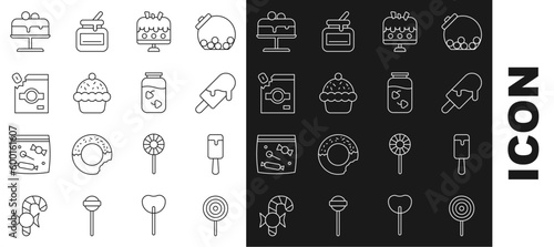 Set line Lollipop, Ice cream, Cake on plate, Cupcake, Candy packaging for sweets, and Strawberry jam jar icon. Vector