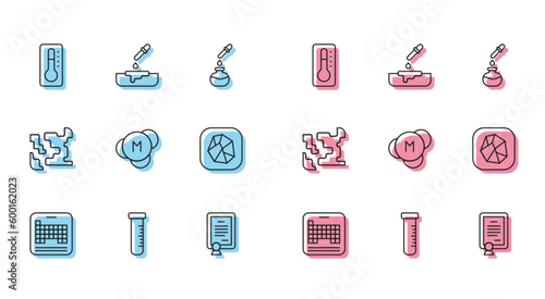 Set line Periodic table, Test tube and flask, Medical thermometer, Certificate template, Molecule, Salt stone, Gaseous and Petri dish with pipette icon. Vector