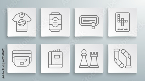 Set line Waist bag of banana, Energy drink, Book, Chess, Socks, Certificate template, Crossword and T-shirt icon. Vector