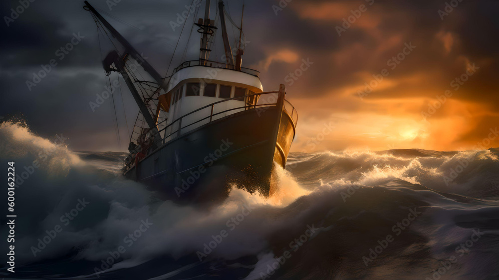 fishing boat on a stormy sea at sunset - generative AI fishing boat on a stormy sea at sunset - generative AI