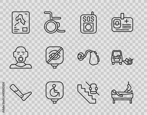Set line Prosthesis leg, Patient with broken, Press SOS button, Disabled wheelchair, X-ray shots, Blindness, elevator and car icon. Vector
