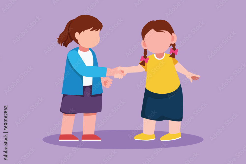Character flat drawing pretty little girls standing and shaking hands making friendship. Children introduce themselves. Happy cute girls touching each other's hand. Cartoon design vector illustration