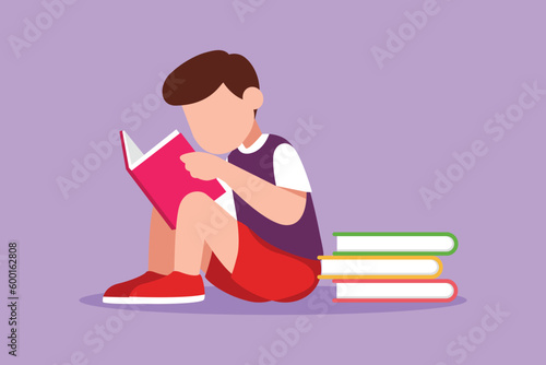 Graphic flat design drawing smart little boy reading, learning and sitting beside on pile of book. Study in library at school. Intelligent student, education concept. Cartoon style vector illustration