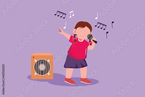 Character flat drawing happy little girl sing a song at school festival. Cute kids with good performance and talent on stage. Beautiful melodic singing of children. Cartoon design vector illustration