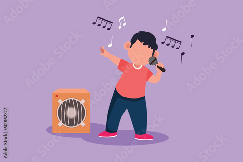 Character flat drawing happy little boy sing a song at school festival. Cute kids with good performance and talent on stage. Beautiful melodic singing of children. Cartoon design vector illustration