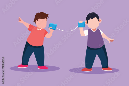 Character flat drawing cheerful little boys talk using string phone. Children communicating through paper cups phone. Happy adorable kids playing with can telephone. Cartoon design vector illustration