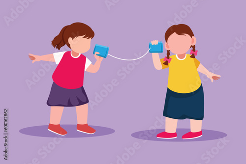 Graphic flat design drawing little girls speaking by tin can telephone. Two friends playing in phone with self made speech transmitting device, kid have fun speaking. Cartoon style vector illustration