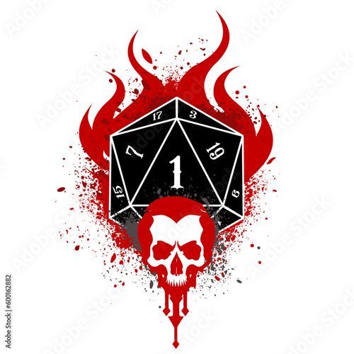 critical 1, D20 dice with flameand scull , rpg dice, rpg game, vector illustration