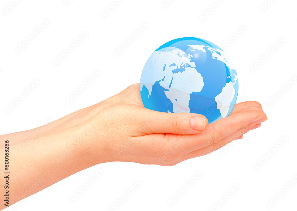 Woman's hands holding the glass earth globe on white background. Woman's hands holding the glass earth globe on white background.