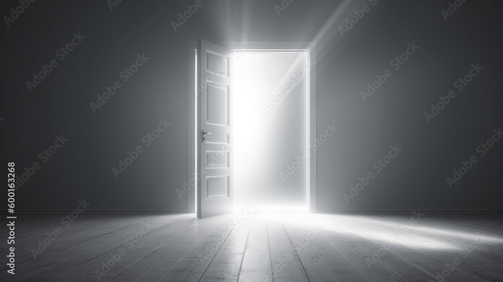An open door with a bright light shining through created with Generative AI technology