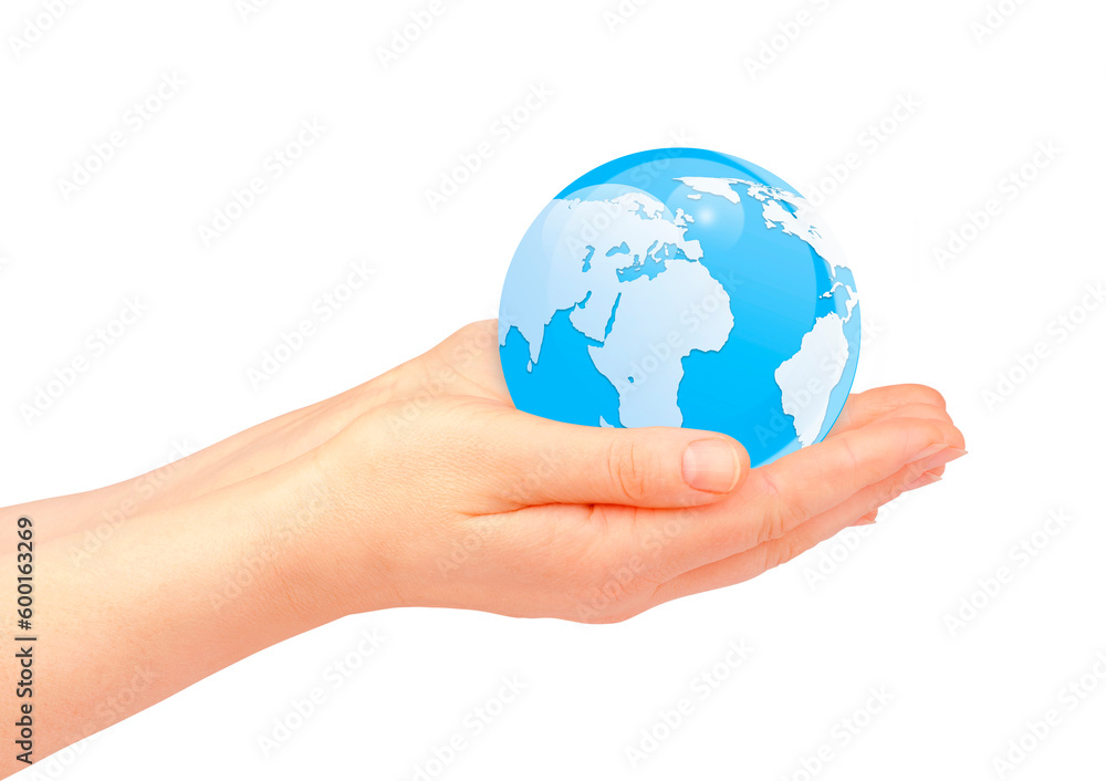 Woman's hands holding the glass earth globe on white background. Woman's hands holding the glass earth globe on white background.