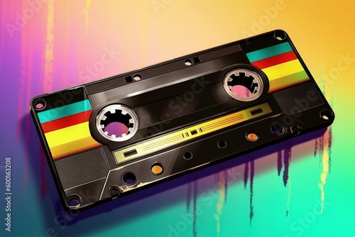 Old radio tape  80s and 90s  retro style  colorful background  digital illustration. Generative AI