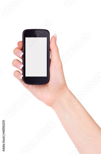 Hand holding mobile smart phone with blank screen. Isolated on white background.