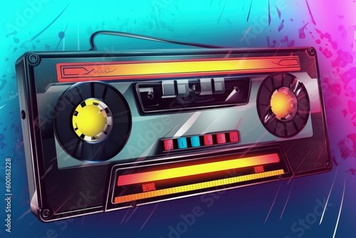 Old radio tape, 80s and 90s, retro style, colorful background, digital illustration. Generative AI