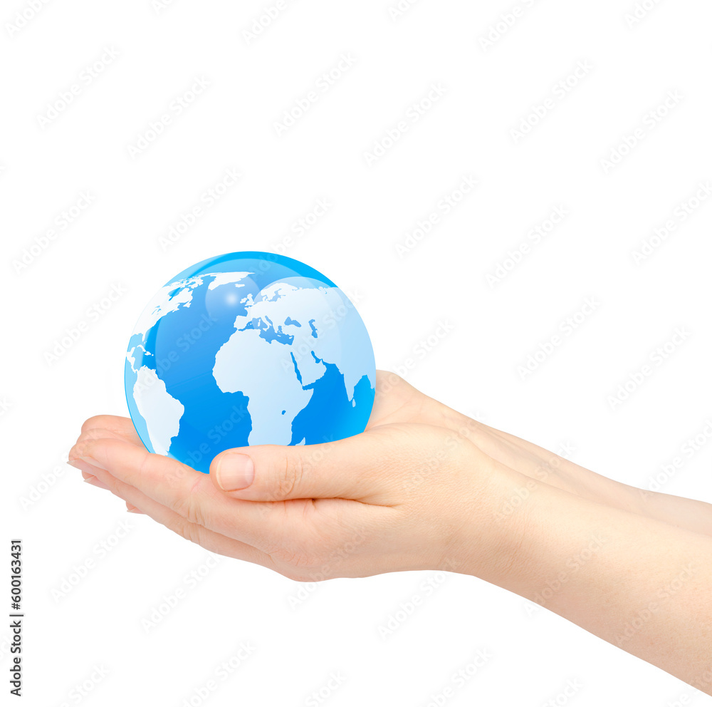 Woman's hands holding the glass earth globe on white background. Woman's hands holding the glass earth globe on white background.