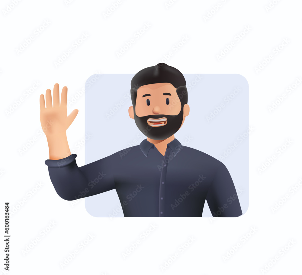 Happy business man waving hand. 3D Young cheerful handsome bearded man greeting with open hand greeting gesture. 3D hi - obrazy, fototapety, plakaty 