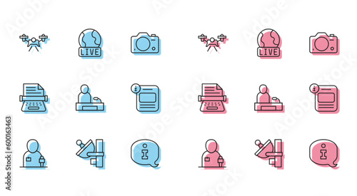 Set line Journalist news, Radar, Drone, Information, Television report, Retro typewriter and Live icon. Vector