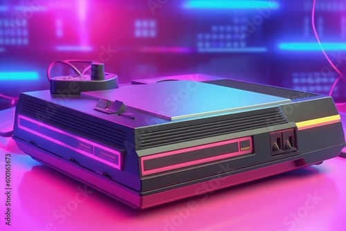 Old video game console, 80s and 90s, retro style, colorful background, digital illustration. Generative AI photo