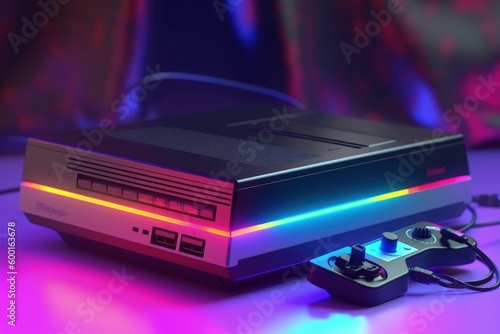 Old video game console, 80s and 90s, retro style, colorful background, digital illustration. Generative AI