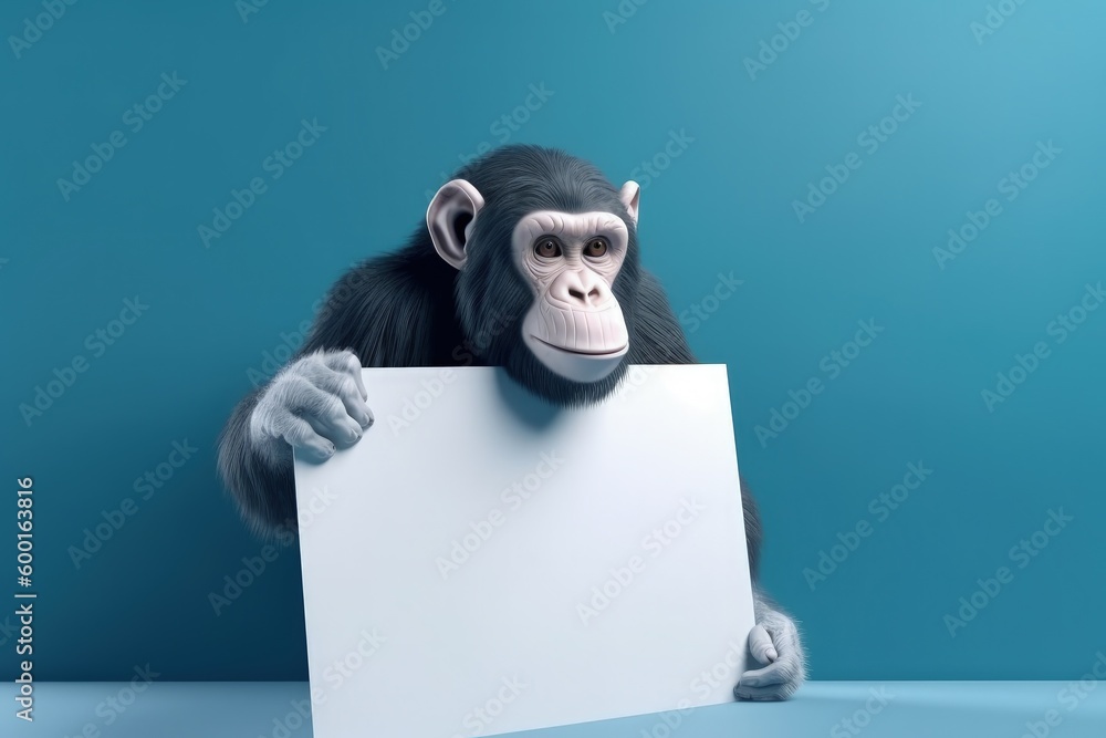 Monkey and white paper with space to write, warning concept, blue background, digital illustration. Generative AI Monkey and white paper with space to write, warning concept, blue background, digital illustration. Generative AI