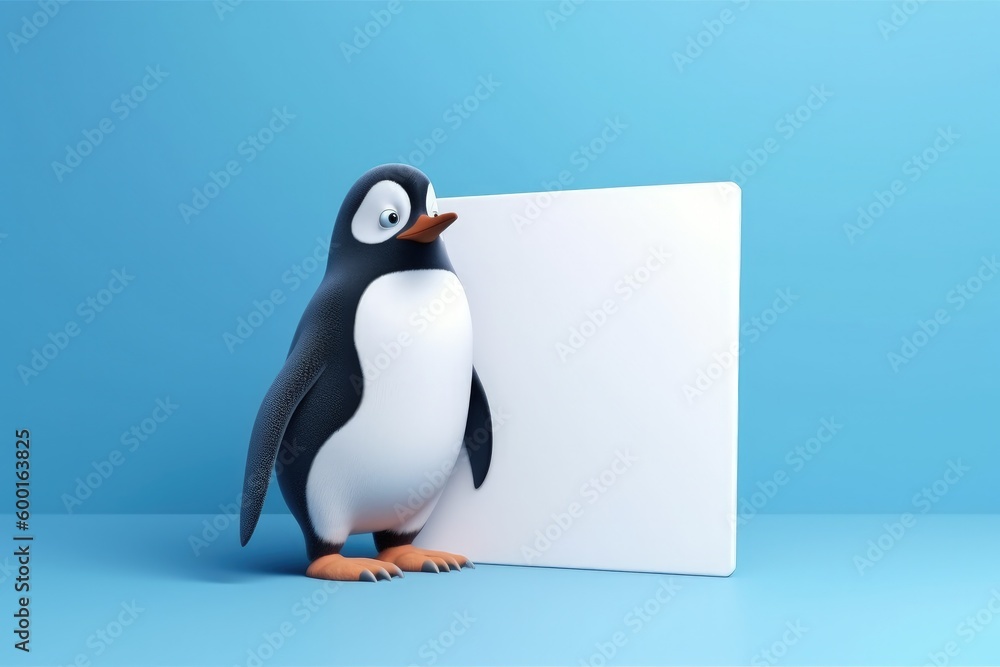 Obraz premium Penguin with white board with space to write, blue background, illustration. Generative AI