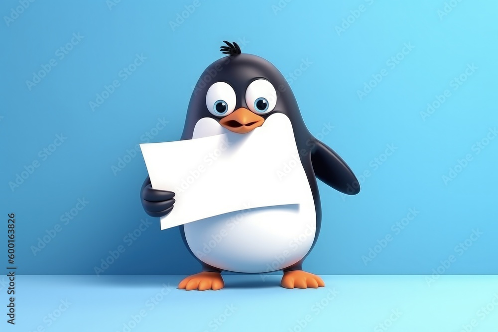 Obraz premium Penguin with white board with space to write, blue background, illustration. Generative AI