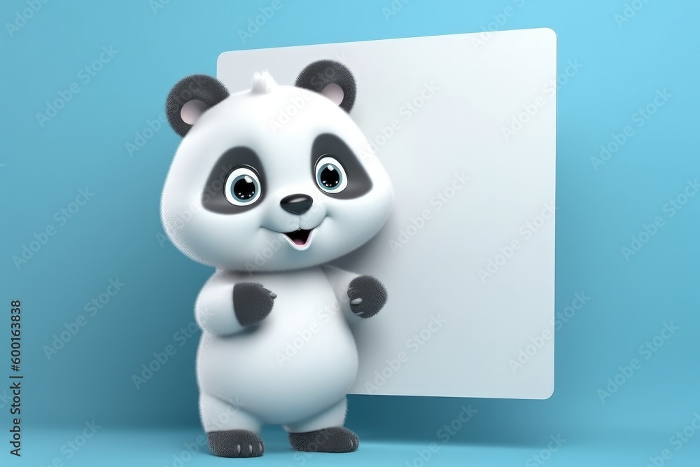 Panda and white paper with space to write, warning concept, blue background, digital illustration. Generative AI Panda and white paper with space to write, warning concept, blue background, digital illustration. Generative AI