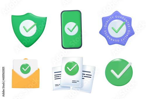 3D realistic check icons. 3D check mark icons set approve symbol and quality guarantee certificate. Symbols acceptance