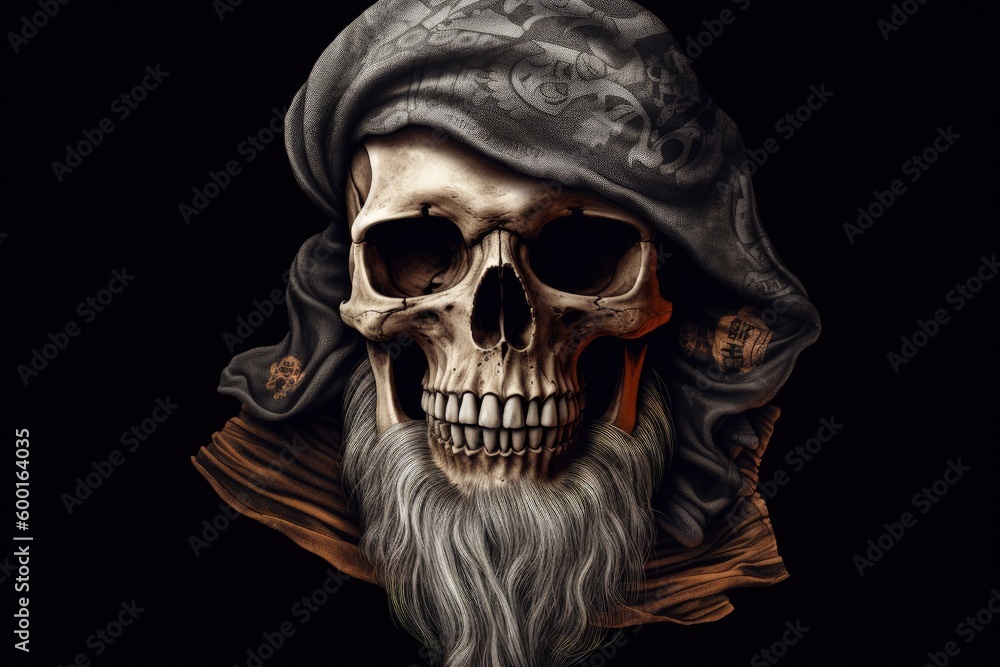 Pirate captain skull with headband, black background fantasy concept. Generative AI Pirate captain skull with headband, black background fantasy concept. Generative AI