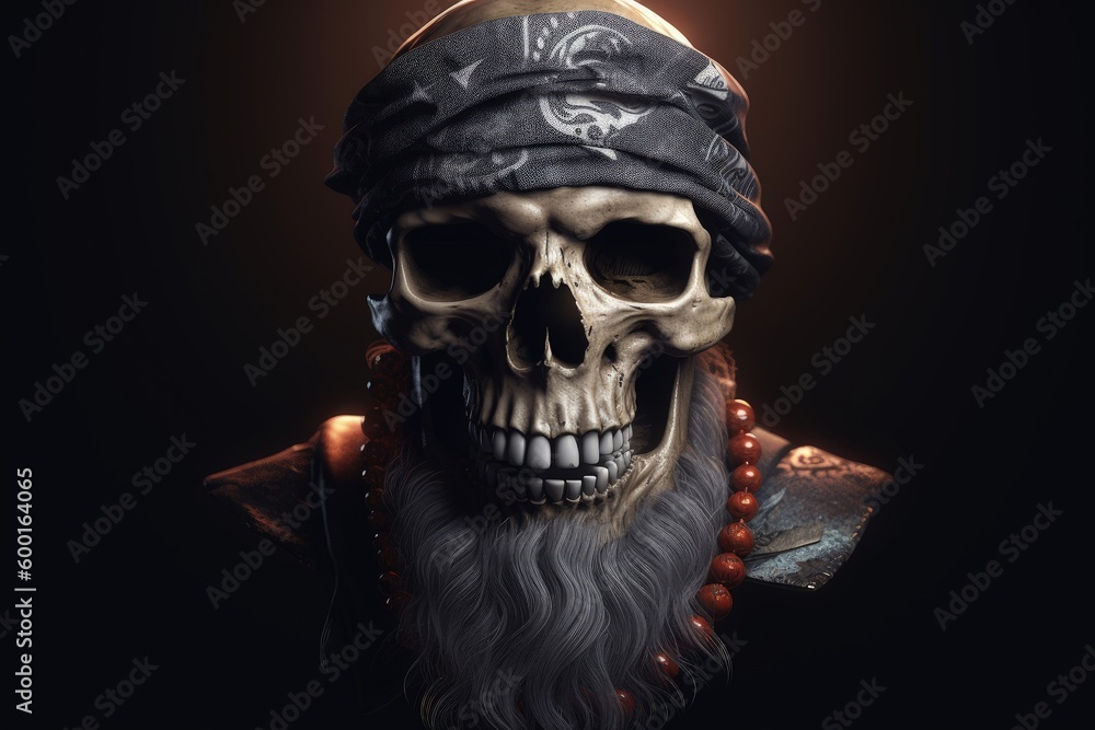 Pirate captain skull with headband, black background fantasy concept. Generative AI Pirate captain skull with headband, black background fantasy concept. Generative AI