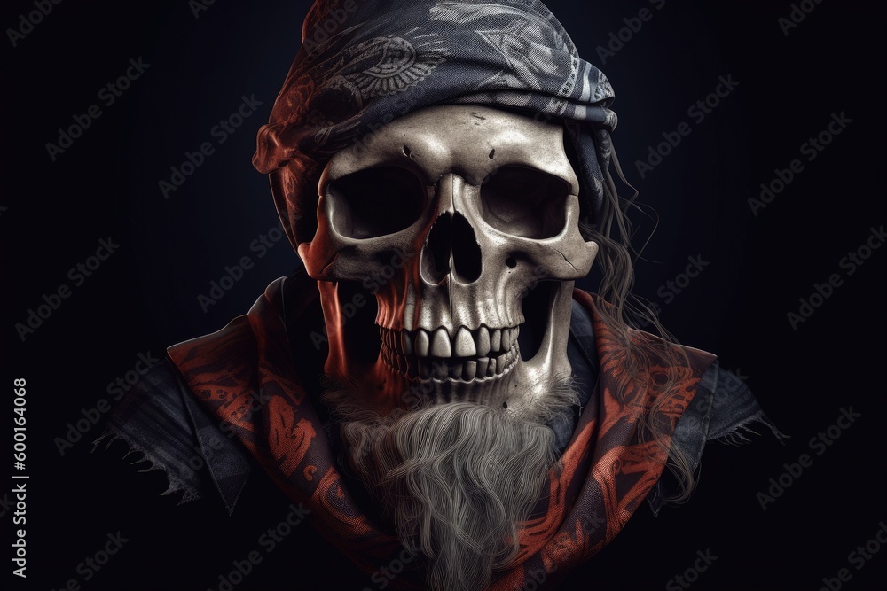 Pirate captain skull with headband, black background fantasy concept. Generative AI Pirate captain skull with headband, black background fantasy concept. Generative AI