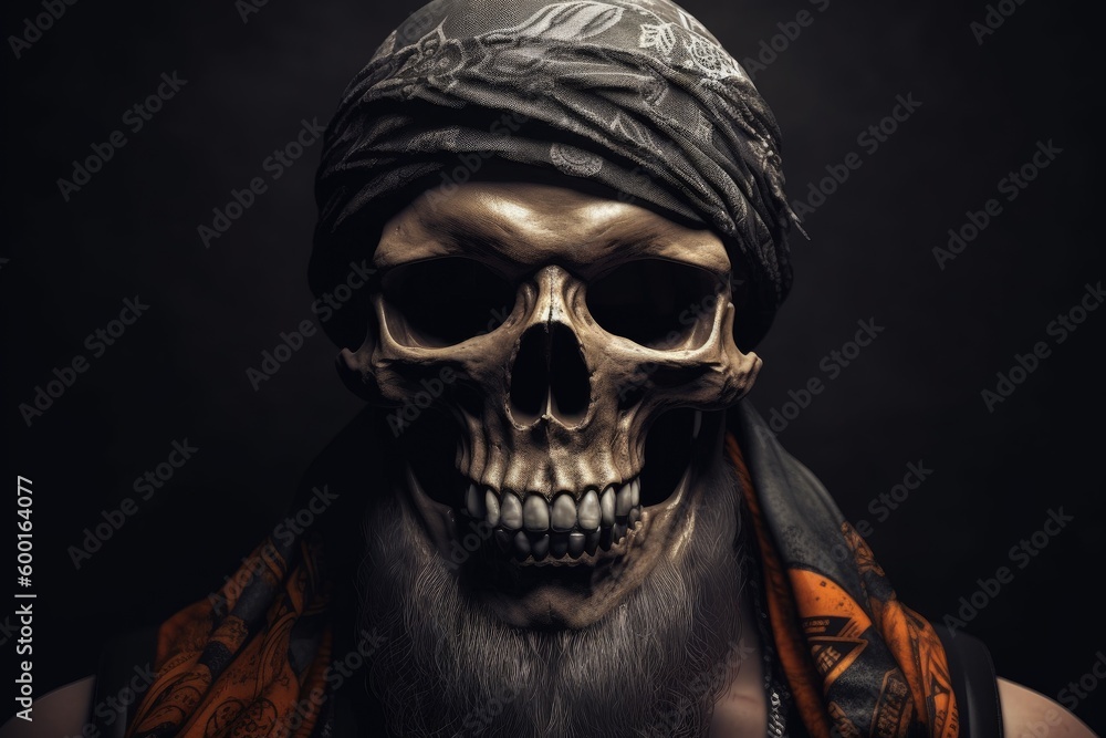 Pirate captain skull with headband, black background fantasy concept. Generative AI Pirate captain skull with headband, black background fantasy concept. Generative AI