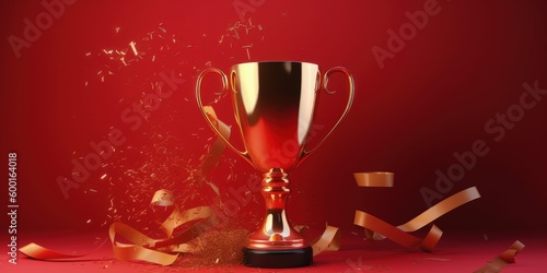 Golden trophy and streamers, business and competition concept, red background. Generative AI