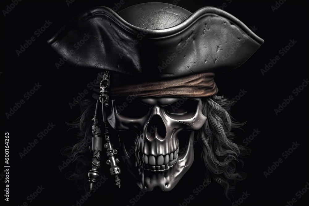 Fototapeta premium Skull of a pirate with hat, black background digital illustration. Generative AI
