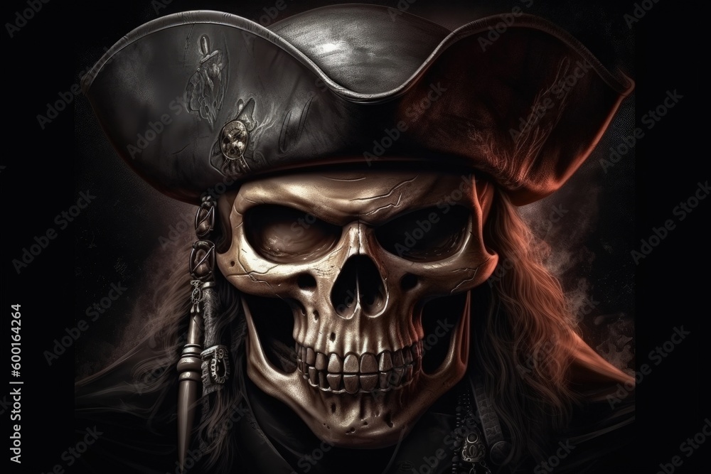 Skull of a pirate with hat, black background digital illustration. Generative AI Skull of a pirate with hat, black background digital illustration. Generative AI