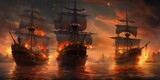 Landscape with burning pirate ships battling in the sea. Generative AI