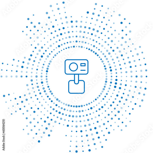 Blue line Action extreme camera icon isolated on white background. Video camera equipment for filming extreme sports. Abstract circle random dots. Vector