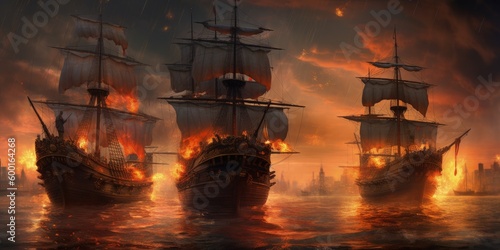 Landscape with burning pirate ships battling in the sea. Generative AI