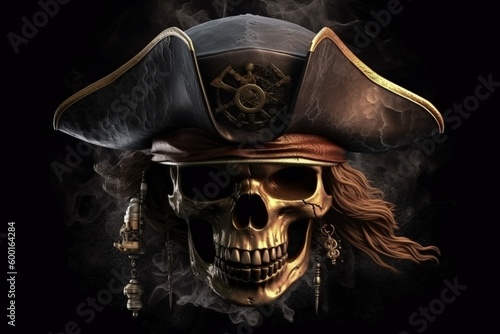 Skull of a pirate with hat  black background digital illustration. Generative AI