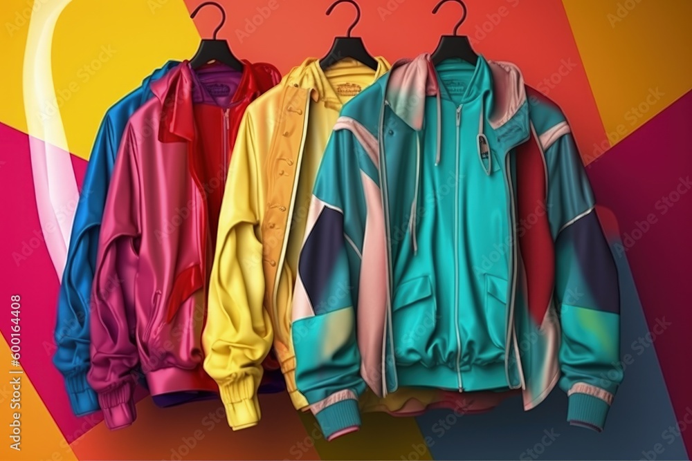 Clothes in the style of the 80s and 90s, retro style, colorful background, digital illustration. Generative AI