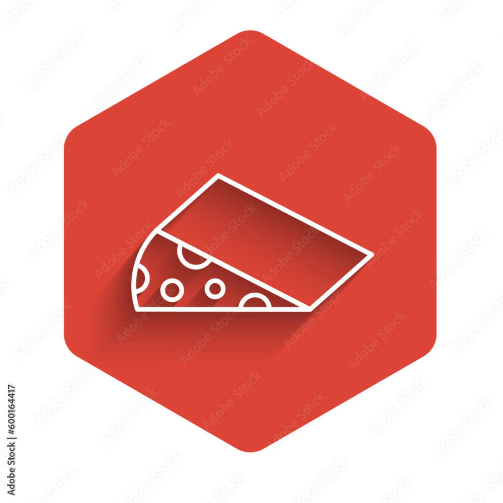 White line Cheese icon isolated with long shadow. Red hexagon button. Vector White line Cheese icon isolated with long shadow. Red hexagon button. Vector