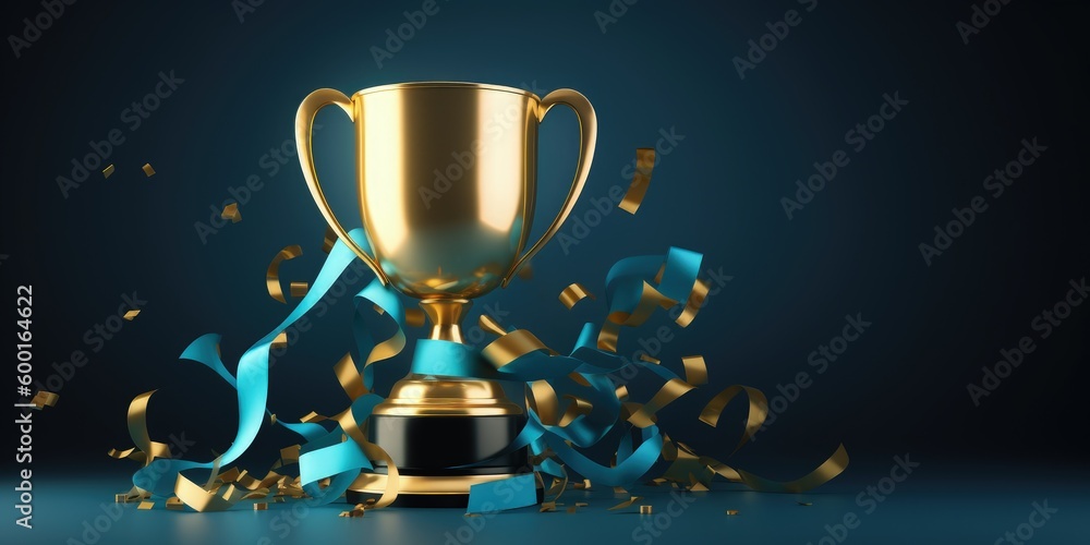 Golden trophy and streamers, business and competition concept, blue background. Generative AI Golden trophy and streamers, business and competition concept, blue background. Generative AI