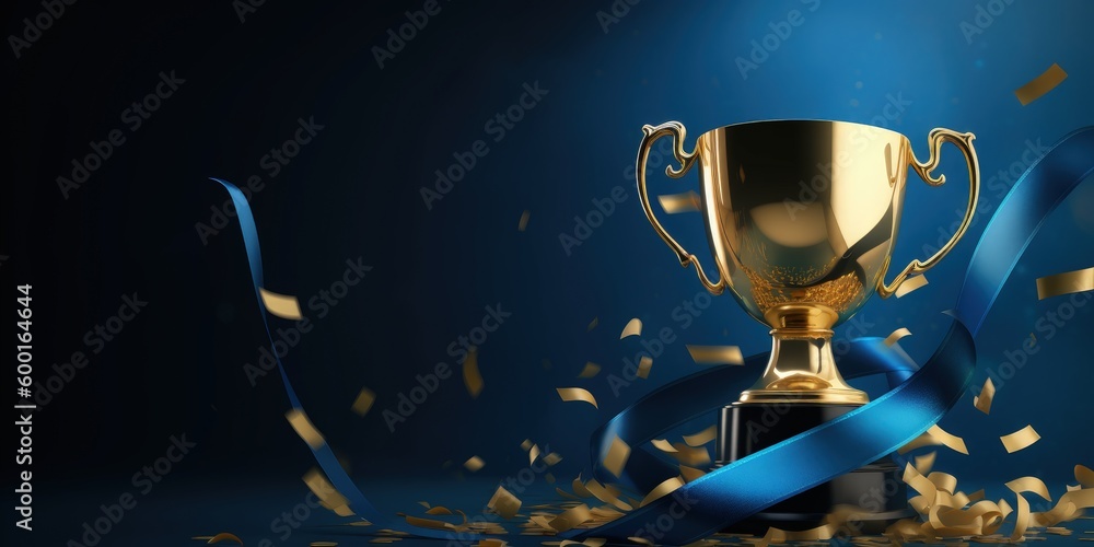 Golden trophy and streamers, business and competition concept, blue background. Generative AI - obrazy, fototapety, plakaty 