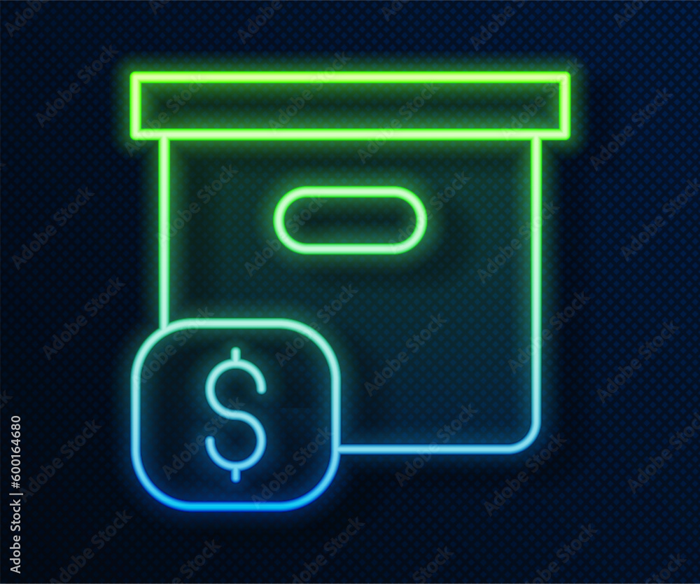 Glowing neon line Carton cardboard box with price tag icon isolated on blue background. Box, package, parcel sign. Delivery and packaging. Vector Glowing neon line Carton cardboard box with price tag icon isolated on blue background. Box, package, parcel sign. Delivery and packaging. Vector