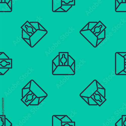 Blue line Donate or pay your zakat as muslim obligatory icon isolated seamless pattern on green background. Muslim charity or alms in ramadan kareem before eid al-fir. Vector