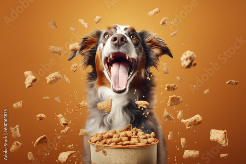 Happy dog in front of bowl of croquettes, AI generative photo