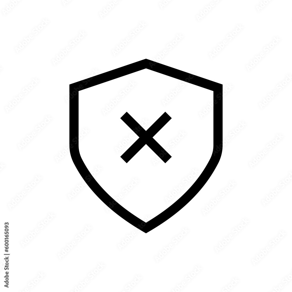 Obraz premium Shield check mark icon or security ban shield protection icon with cross symbol, reject, false, wrong, stop icons . line outline